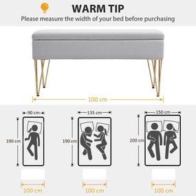 HOMCOM Bancă cu Depozitare din Material Textil și Picioare din Oțel, 100x40x49 cm, Gri Deschis | Aosom Romania