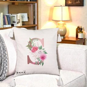 Cadou Personalizat - Perna Personalizata Monograma Rose Gold Litera S, 40x40 cm, Bej cu Franjuri, Husa Detasabila, Perna Inclusa, BEKZ®