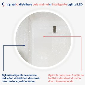 Oglindă LED Rotundă (Diametru 50 cm), 3 Moduri Iluminare (Lumină Rece, Naturală, Caldă), Intensitate Reglabilă, Funcție Dezaburire, Ramă Luminosă, Control Tactil (Touch)