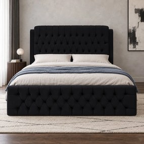 Pat tapițat din catifea Aveline 180×200 cm, negru, cu ladă de depozitare