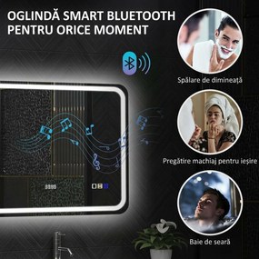 HOMCOM Oglindă de Baie LED cu Bluetooth, Iluminare Reglabilă și Funcție de Memorare, din Sticlă Securizată, 80 x 2.9 x 60 cm | Aosom Romania