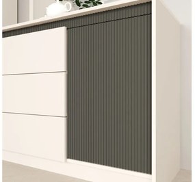 Dormitor cu Riflaje, Monaco, Pat Tapitat cu somiera rabatabila, Dulap 3 Usi 2 Sertare, 2 Noptiere, Comoda 1 Usa 3 Sertare, Casmir/Gri Elegant