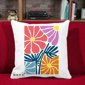 Perna Decorativa Flori Grafice Roz-Orange-Albastru, 40x40 cm, Alba Mata, Husa Detasabila, Perna Inclusa, BEKZ®