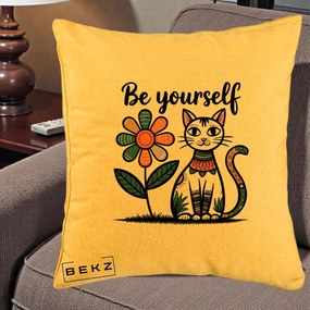 Perna Personalizata Be Yourself Pisica Folk, 40x40 cm, Galben, Husa Detasabila, Perna Inclusa, BEKZ®