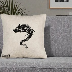 Perna Decorativa Lup Tribal Alb-Negru, 40x40 cm, Bej Canapea, Husa Detasabila, Perna Inclusa, BEKZ®