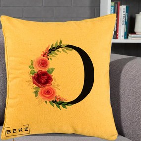 Cadou Personalizat - Perna Personalizata Monograma Florala Litera O, 40x40 cm, Galben, Husa Detasabila, Perna Inclusa, BEKZ®