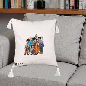 Perna Personalizata Dragon Ball Z Grup Complet, 40x40 cm, Bej cu Franjuri, Husa Detasabila, Perna Inclusa, BEKZ®