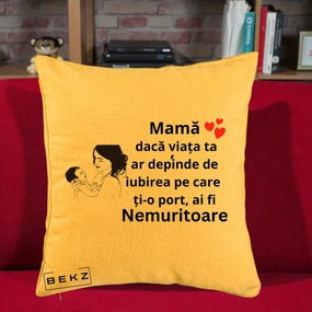 Cadou pentru Mama - Perna Personalizata Mama Nemuritoare Imbratisare Copil, 40x40 cm, Galben, Husa Detasabila, Perna Inclusa, BEKZ®