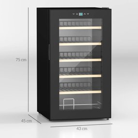 HOMCOM Frigider de Vinuri pentru 24 de Sticle de Sine Statator cu Usa de Sticla Frigider de 65 de litri cu o Singura Zona de Racire a Vinurilor cu Comenzi Digitale cu Ecran Tactil si Lumina LED Negru | Aosom Romania