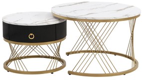 Set de 2 Măsuțe de Cafea Moderne Modulare din Marmură Sintetică cu Detalii Aurii și Sertare, Dimensiuni 70x70x45 cm și 50x50x40 cm, Alb