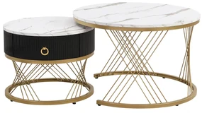 Set de 2 Măsuțe de Cafea Moderne Modulare din Marmură Sintetică cu Detalii Aurii și Sertare, Dimensiuni 70x70x45 cm și 50x50x40 cm, Alb
