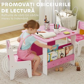 AIYAPLAY Set de masă cu 2 scaune pentru copii 3-8 ani, cu raft în lemn MDF cu motive de inimi, Roz | Aosom Romania