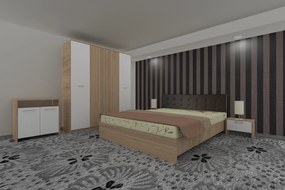 Dormitor Luiza 4U5PTM, culoare sonoma / alb, cu pat tapiterie maro 160 x 200, dulap cu 4 usi 164 cm, comoda si 2 noptiere