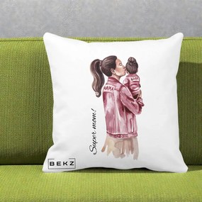Cadou pentru Mama - Perna Personalizata Super Mom Jachete Roz, 40x40 cm, Alba Mata, Husa Detasabila, Perna Inclusa, BEKZ®