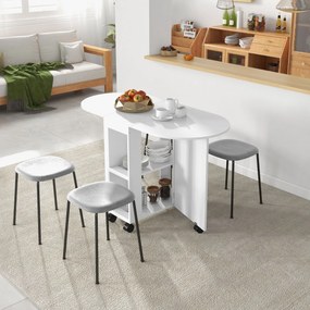 HOMCOM Masă pliabilă de dining pentru 2-4 persoane, 120x60x77 cm, cu 6 roți, 2 polițe, 2 extensii rabatabile, economisește spațiu, albă | Aosom Romania