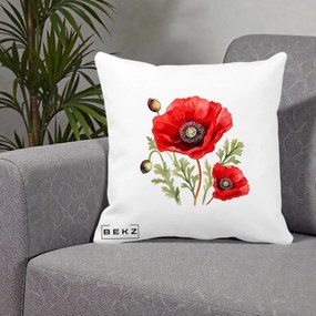 Perna Decorativa Maci Rosii Acuarela, 40x40 cm, Alba Mata, Husa Detasabila, Perna Inclusa, BEKZ®