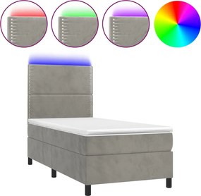vidaXL Pat cu arcuri, saltea și LED, gri deschis, 100x200 cm, catifea