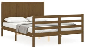 3194479 vidaXL Cadru de pat cu tăblie, dublu mic, maro miere, lemn masiv