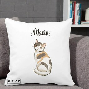 Perna Personalizata Pisica Meow Acuarela, 40x40 cm, Alba Mata, Husa Detasabila, Perna Inclusa, BEKZ®