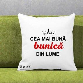 Cadou pentru Bunica - Perna Personalizata Cea Mai Buna Bunica Din Lume Coroana Neagra, 40x40 cm, Alba Mata, Husa Detasabila, Perna Inclusa, BEKZ®