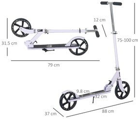 HOMCOM Trotinetă Pliabilă, Ghidon Reglabil pe 4 Nivele, Sistem de Frânare în Spate pentru Copii și Adolescenți, Greutate Max. 100 kg, Dim. 88L x 37l x 75-100H cm, Alb | Aosom Romania