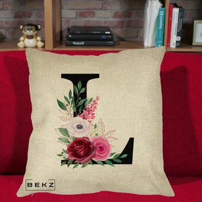 Cadou Personalizat - Perna Personalizata Monograma Florala Litera L, 40x40 cm, Crem, Husa Detasabila, Perna Inclusa, BEKZ®