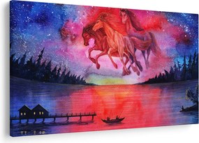 Tablou - Apariția cailor spațiali peste lac, acuarelă (90x60 cm)