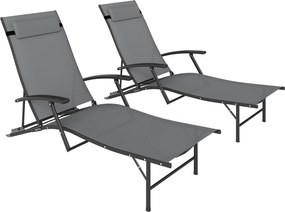 Outsunny Set de 2 Șezlonguri Pliante, Ajustabile în 4 Poziții cu Cotiere și Perne, 64x154x87 cm, Gri | Aosom Romania