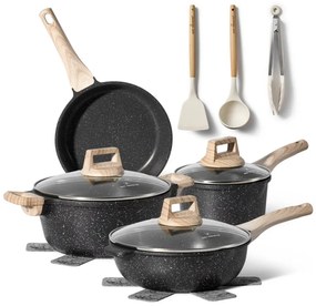 Set oale si tigaii Just Perfecto JL-32, 12 piese, Turnat, Acoperire din marmura, Inductie, Accesorii, Negru