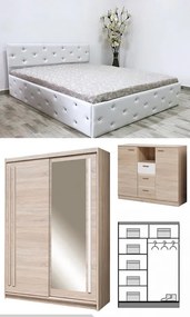 Dormitor Efect, culoare alb / sonoma, cu pat tapitat 160 x 200 cm, dulap 150 cm si comoda