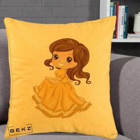 Perna Decorativa Printesa Bella Rochie Aurie, 40x40 cm, Galben, Husa Detasabila, Perna Inclusa, BEKZ®
