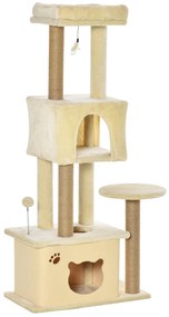 PawHut Ansamblu de joacă pentru Pisici Înalt 136 cm cu Căsuță Detașabilă, Căsuță și Pătuț, Stâlpi din Iută, Bej | Aosom Romania