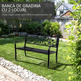 Outsunny Banca pentru exterior din fonta si metal, banca pentru gradina 2 locuri cu spatar inalt decorat, 127x60x89cm, negru