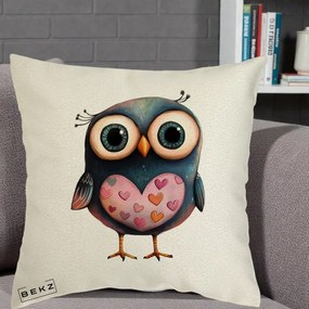 Perna Decorativa Bufnita cu Inimioare Roz, 40x40 cm, Ecru, Husa Detasabila, Perna Inclusa, BEKZ®