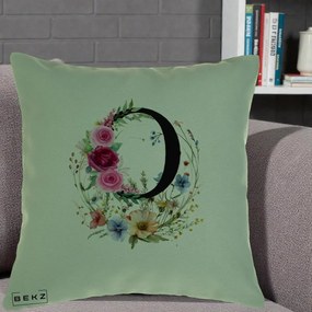 Cadou Personalizat - Perna Personalizata Monogram Litera O cu Flori Acuarela, 40x40 cm, Verde, Husa Detasabila, Perna Inclusa, BEKZ®