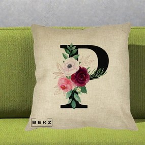 Cadou Personalizat - Perna Personalizata Monograma Florala Litera P, 40x40 cm, Crem, Husa Detasabila, Perna Inclusa, BEKZ®