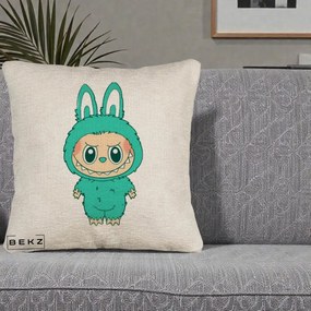 Perna Personalizata Labubu Turcoaz, 40x40 cm, Bej Canapea, Husa Detasabila, Perna Inclusa, BEKZ®