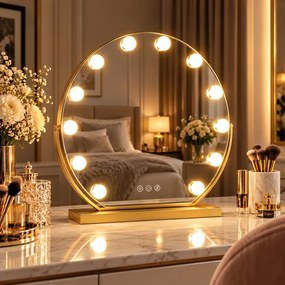 Oglindă cosmetică, sistem iluminare LED, 12 becuri, 3 culori, Senzor Tactil, Luminozitate Reglabilă, Auriu