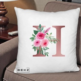 Cadou Personalizat - Perna Personalizata Monograma Rose Gold Litera H, 40x40 cm, Alb Pufos, Husa Detasabila, Perna Inclusa, BEKZ®