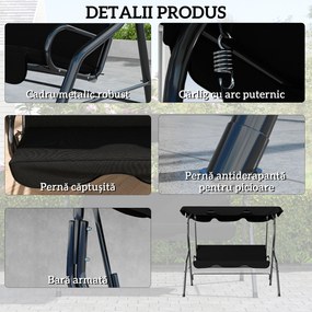 Outsunny Balansoar de Grădină 3 Locuri cu Acoperiș Reglabil și Perne Moi din Poliester, Capacitate 240 kg, 170x110x153 cm, Negru | Aosom Romania