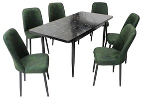 Set masă extensibilă Aris Negru Marmorat cu 6 scaune Artemis Verde