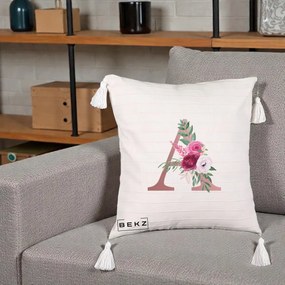 Cadou Personalizat - Perna Personalizata Monograma Rose Gold Litera A, 40x40 cm, Bej cu Franjuri, Husa Detasabila, Perna Inclusa, BEKZ®