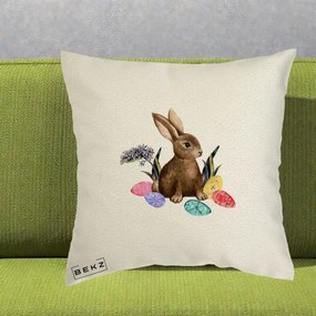 Perna Decorativa Iepuras cu Oua de Pasti Acuarela, 40x40 cm, Ecru, Husa Detasabila, Perna Inclusa, BEKZ®