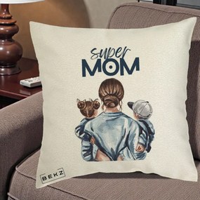 Cadou pentru Mama - Perna Personalizata Super Mom, 40x40 cm, Ecru, Husa Detasabila, Perna Inclusa, BEKZ®