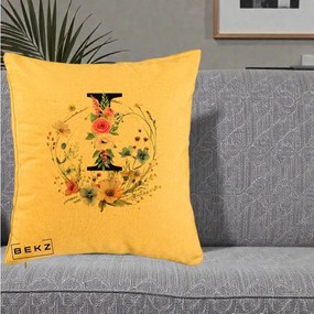 Cadou Personalizat - Perna Personalizata Monogram Litera I cu Flori Acuarela, 40x40 cm, Galben, Husa Detasabila, Perna Inclusa, BEKZ®