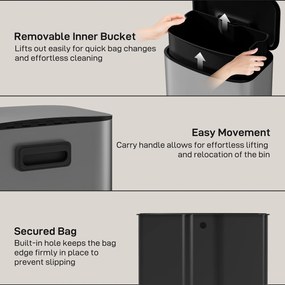 HOMCOM Coș de Gunoi cu Pedală de 50L cu Capac Amortizat, Deschidere la 90° și Găleată Detașabilă, Oțel Inoxidabil, Gri | Aosom Romania