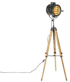Lampa de podea trepied neagra cu spot de studio din lemn - Radient