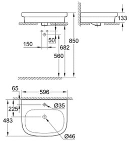 Lavoar baie pe blat alb 60 cm, dreptunghiular, Grohe Euro Ceramic