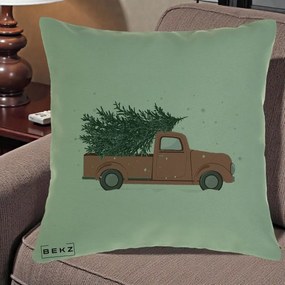 Perna Decorativa Camioneta Terracotta Brad de Craciun, 40x40 cm, Verde, Husa Detasabila, Perna Inclusa, BEKZ®