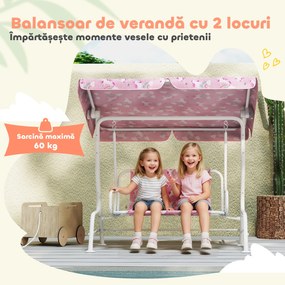 AIYAPLAY Leagăn pentru Copii de Exterior cu 2 Locuri, Acoperiș Reglabil și Centuri de Siguranță, Leagăn Grădină și Interior din Oțel și Material Oxford, Max 60 kg, 112x75x120 cm, Roz | Aosom Romania